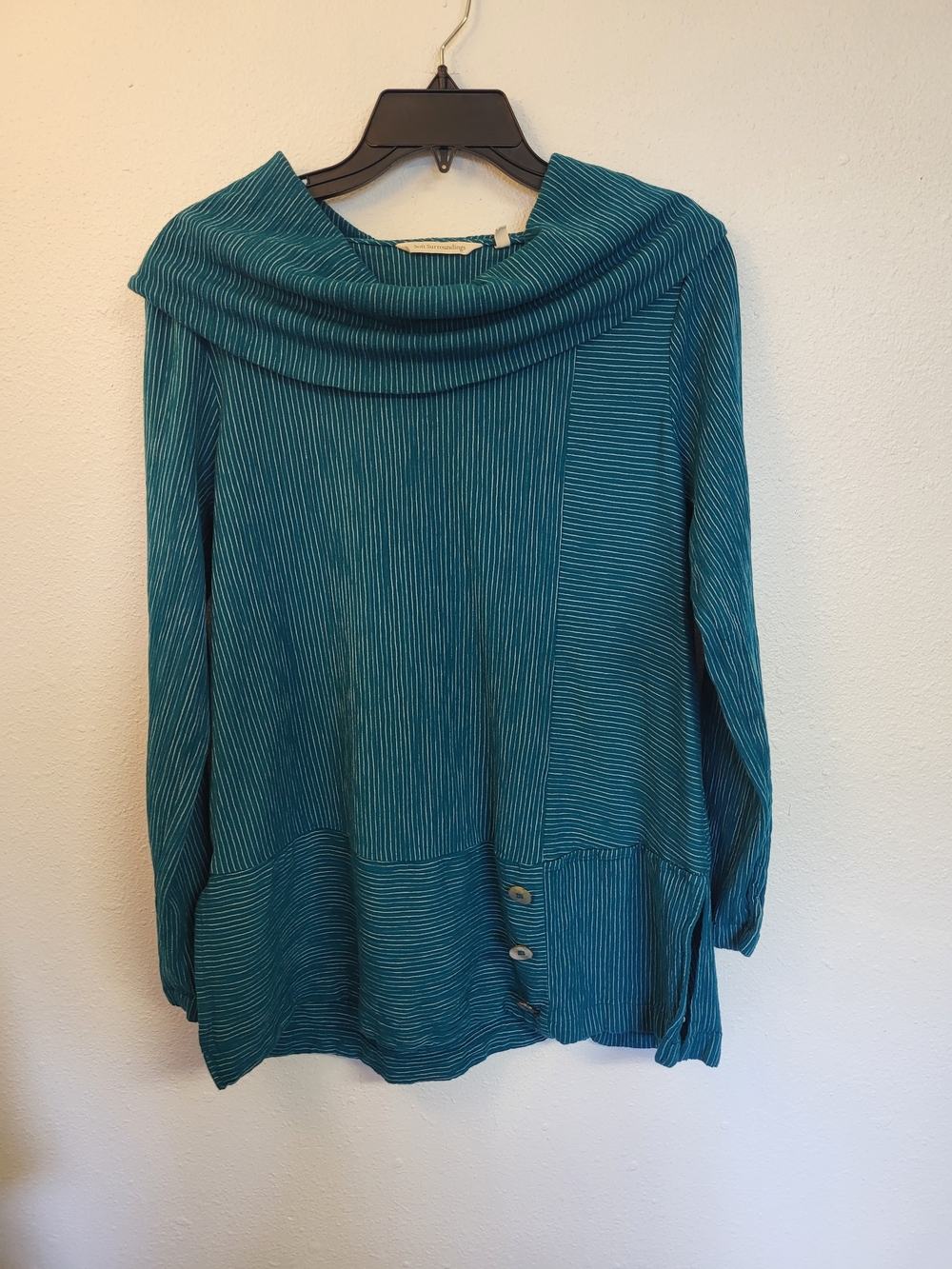 Soft Surroundings Women's Striped Cowl Neck, Long Sleeved Tunic In Teal, Size M
